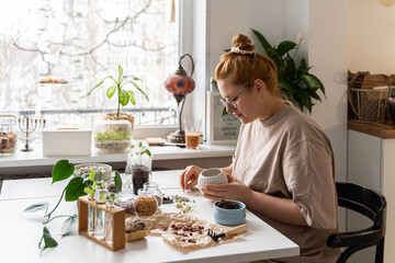 Woman takes care about plants in home garden. Plant's transfer. Copy space. Concept of healthy life and cozy home.