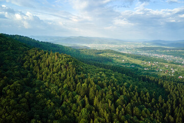 Fototapeta na wymiar Aerial view of green pine forest with dark spruce trees covering mountain hills. Nothern woodland scenery from above