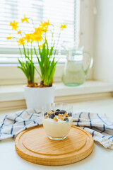 Healthy organic breakfast yogurt with blueberry flakes