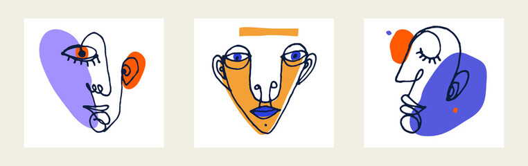 Abstract face vector portrait set, abstraction art man head, hand drawn minimal modern artwork, painted human facial abstraction.
