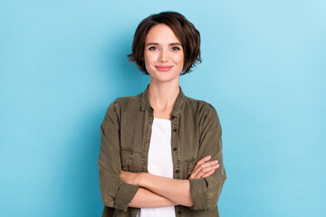 Photo of boss young short hairstyle lady crossed arms wear trend cloth isolated on blue color...