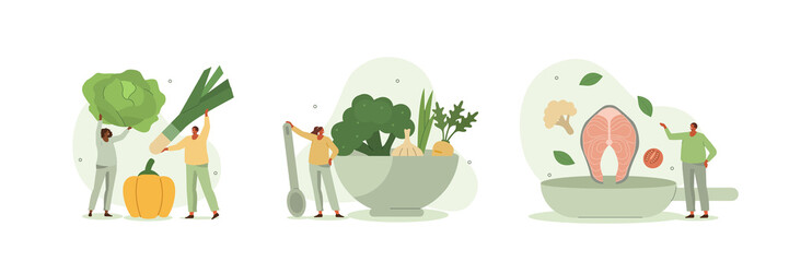 Healthy eating illustration set. Characters cooking fresh salad and other healthy meals from fresh vegetables and fish. Balanced vegetarian and vegan diet concept. Vector illustration.