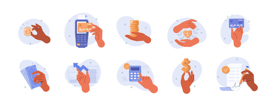 Hands gestures illustration set. Character hands holding money, credit card, bill, making donations and other financial activity. Finance occupations concept. Vector illustration.
