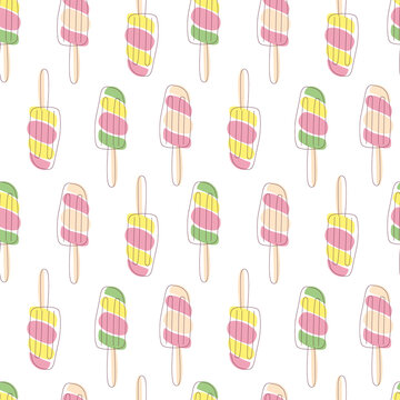 Seamless Pattern Of Multicolored Popsicle On A Stick. Summer Delicious Print. Vector Illustration For Decor, Wallpaper, Packaging Paper