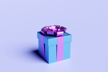 3d illustration of gift in a beautiful purple packaging box, a satin ribbon bow on a blue background. Holiday attributes, gift set..