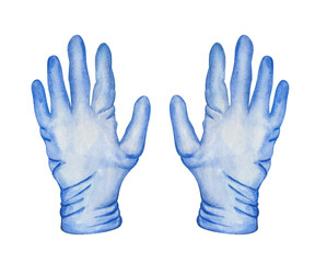 Obraz premium Watercolor illustration of hand painted medical blue gloves isolated on white background. Personal protective equipment for medical personnel, hygiene product for hands. Health care item for posters
