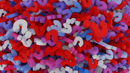 Top view of 3D render of colorful question marks