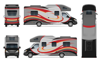 RV motorhome vector mockup on white for vehicle branding, corporate identity. View from side, front, back and top. All elements in the groups on separate layers for easy editing and recolor. - obrazy, fototapety, plakaty