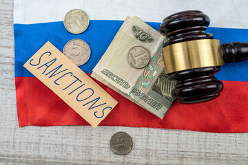 russia flag with money ruble and sanction all economic for country terorrist