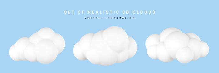 3d plastic clouds. Set of round cartoon fluffy clouds isolated on a blue background. Vector illustration - obrazy, fototapety, plakaty