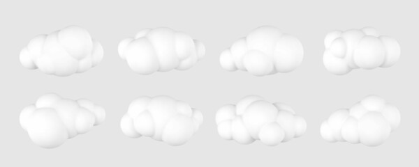 Fototapeta premium 3d plastic clouds. Set of round cartoon fluffy clouds isolated on a gray background. Vector illustration