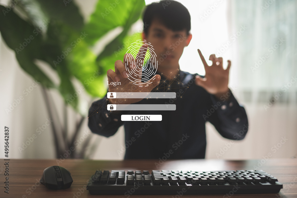 Poster man showing registration in a system with the online digital world, security protection system