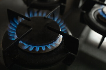 Gas burners on the stove. blue flames