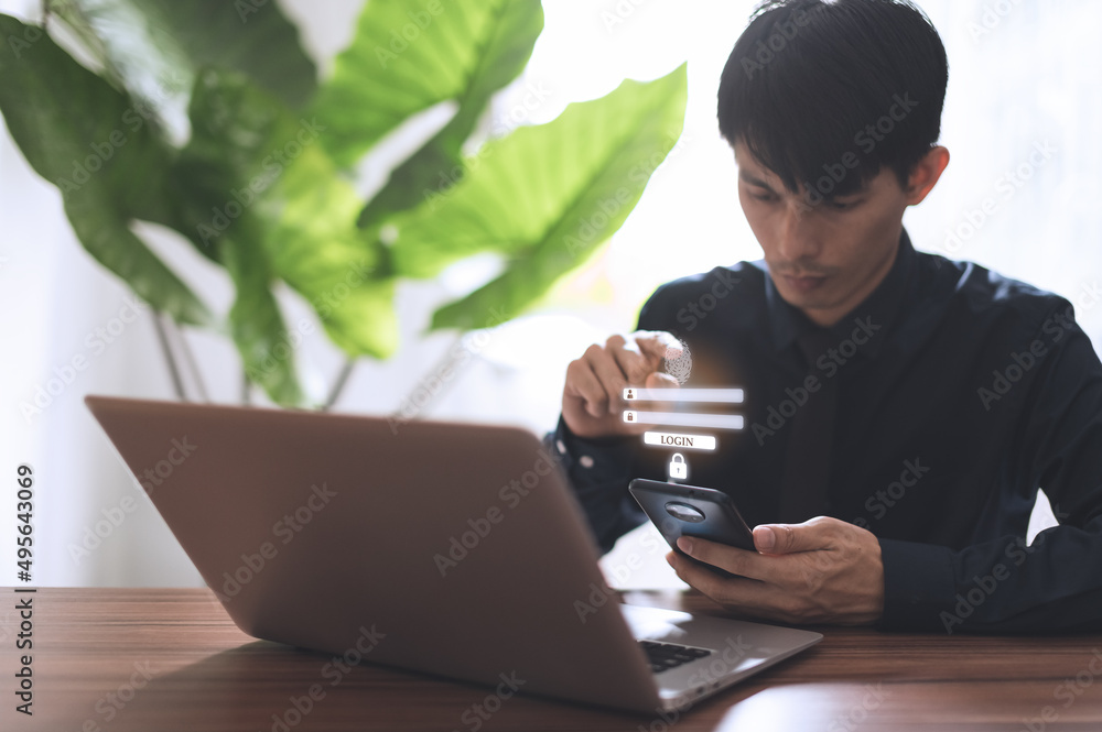 Poster man showing registration in a system with the online digital world, security protection system