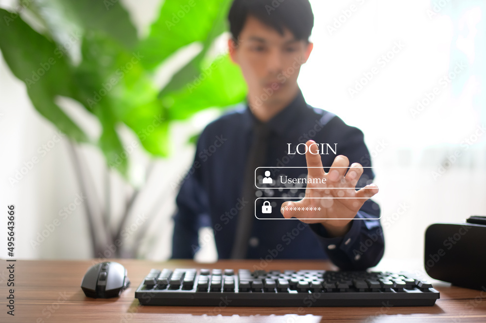Poster man showing registration in a system with the online digital world, security protection system