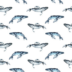 Seamless pattern hand painted in watercolor with Whales, ocean animals isolated on white background. Cute cartoon underwater animals textile pattern. High quality illustration