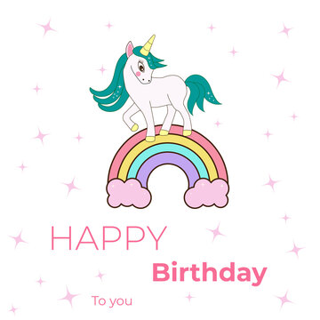 happy birthday card with unicorn on rainbow