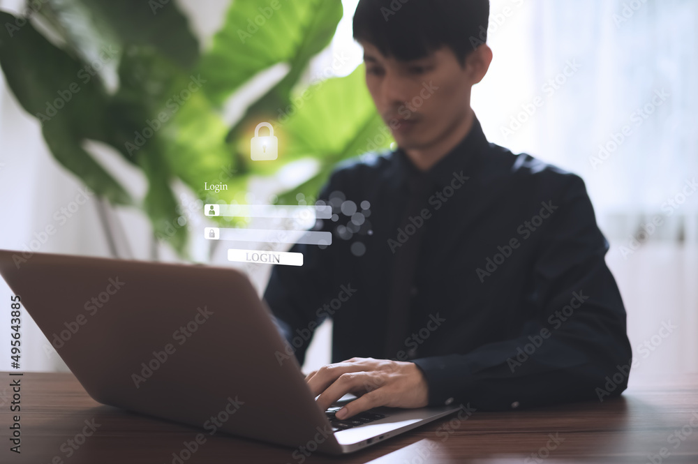 Poster man showing registration in a system with the online digital world, security protection system
