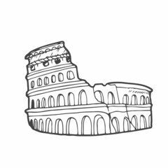 Doodle coliseum isolaten on white. Outline icon. Hand drawing line art. Tourism symbol. Sketch vector stock illustration.