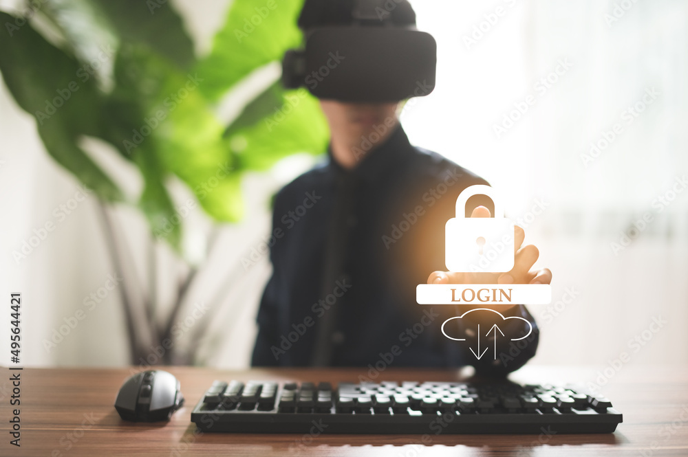 Poster man showing registration in a system with the online digital world, security protection system