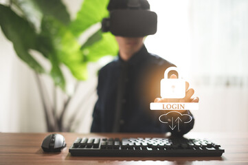 Man showing registration in a system with the online digital world, security protection system