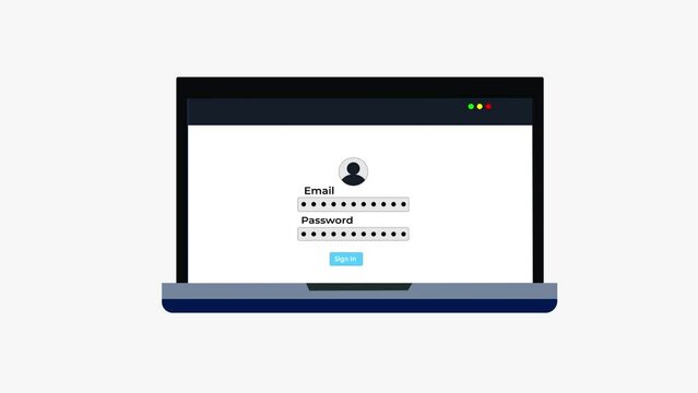 Computer data and information stealing concept 4K animation. Website login scam and hacking concept. Computer virus protection and scam defender animation. Data transfer and hacking info 4K animation.