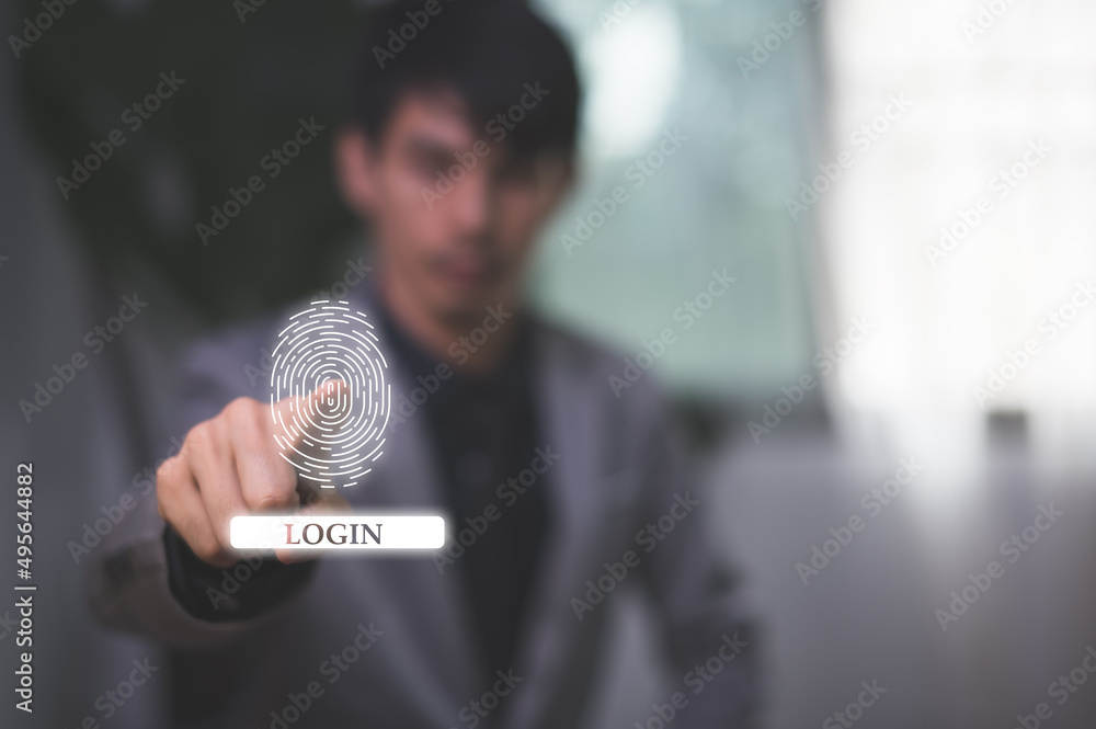 Poster man showing registration in a system with the online digital world, security protection system