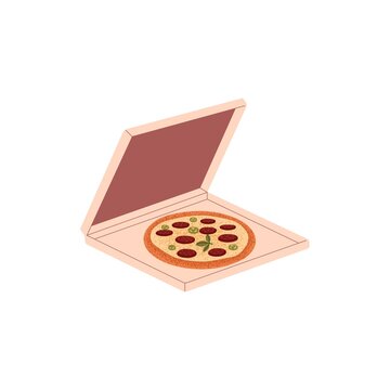 Spicy pizza in open takeaway box. Italian food with salami, pepperoni sausages, mozzarella cheese, hot pepper jalapeno. Appetizing Italy snack. Flat vector illustration isolated on white background