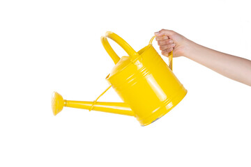 Female Hand is Holding A Watering Pot Something on Isolated White Background