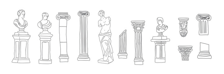 Vector illustration of antique columns and statues. Famous Greek symbols and landmarks. Travel to Athens and Greece. Doodle antique columns, statues. 