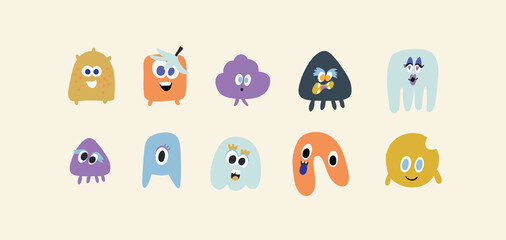 Cute monsters doodles characters on light backround, monsters bacterias characters set