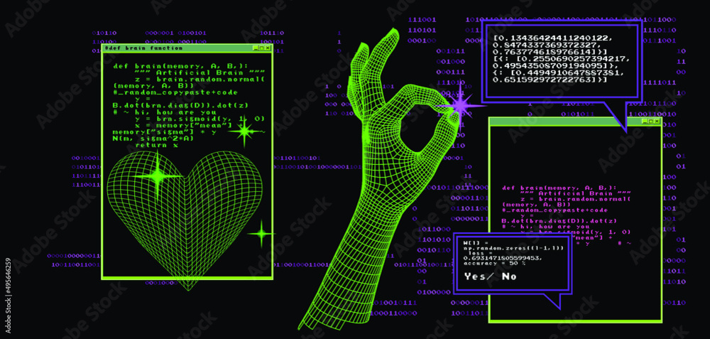 Poster Low-poly 3D hand on dark background with binary code. Retrofuturistic cyberpunk style illustration.