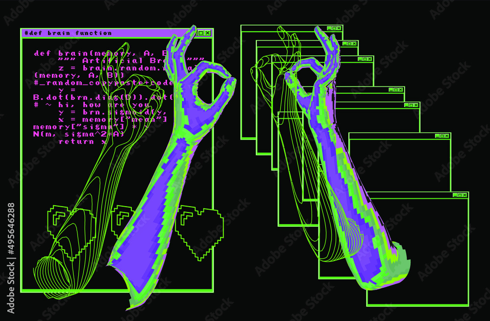 Poster 3D vector illustration of a low-poly hand and Collage of user interface elements.