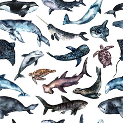 Fototapeta premium Seamless pattern hand painted in watercolor with Sharks, Whales, ocean animals isolated on white background. Cute cartoon underwater animals textile pattern. High quality illustration