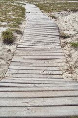 Old rustic wooden walkway on the beach