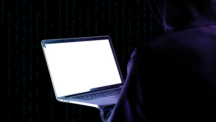 Cyber security hacker concept. Internet web hack technology. Digital laptop in hacker man hand...