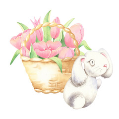 Cute Bunny Carrying A Basket of Flowers.