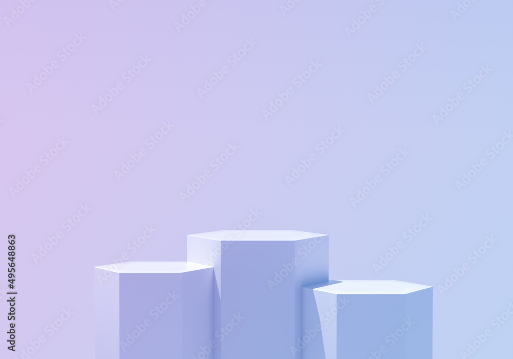 Aufkleber gradient rainbow light of hexagon platform podium on purple background for product display. empty po