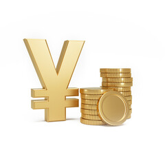Yuan or Yen money symbol next to Stack of gold coins on a white background. Currency exchange.