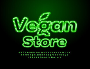 Vector bright Emblem Vegan Store. Glowing Font. Neon Alphabet Letters and Numbers set