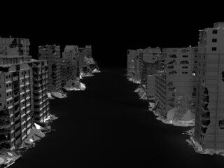 3d render destruction of ruined houses on a black background war ukraine