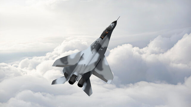 3d render fighter plane flies to the top in the sky