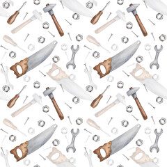 Watercolor seamless pattern from hand painted illustration of instrument tools for man: saw, hammer, nail, screw driver, turn screw. Print on white background for fabric textile, design cards