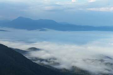 Morning in the mountains. A mountain gorge is covered with thick fog. Dark silhouettes of ridges and cloudy sky in the background. Beautiful landscape with fog.