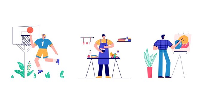 Modern people playing basketball, cooking, painting, gaming. Set of characters enjoying their hobbies, work, leisure. Vector illustration in flat cartoon style.