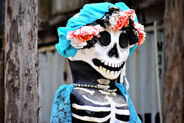 Closeup shot of death Mayan style during the celebration of the day of the dead in Tulum, Mexico