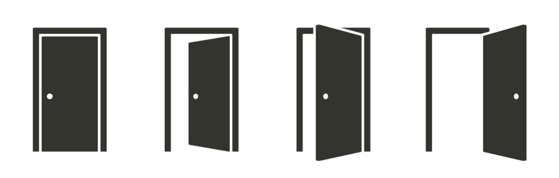 Door icons set. Open, close and ajar door. Doors collection. Opened entrance door set flat style - stock vector.