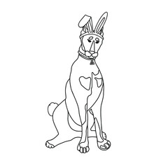 Cute doberman. Dog with rabbit ears. Line art. Image for coloring book. Illustration for stickers, postcards. Print for textiles, stationery. Black and white vector illustration. Isolated. 