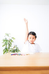 小学生の女の子が手を上げて発表をする