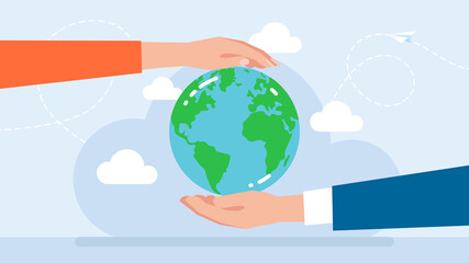 Saving the planet. Environmental protection. Flat illustration. The hands of man and woman hold the planet. Natural resources protection. The metaphor of environmental friendliness. Flat illustration